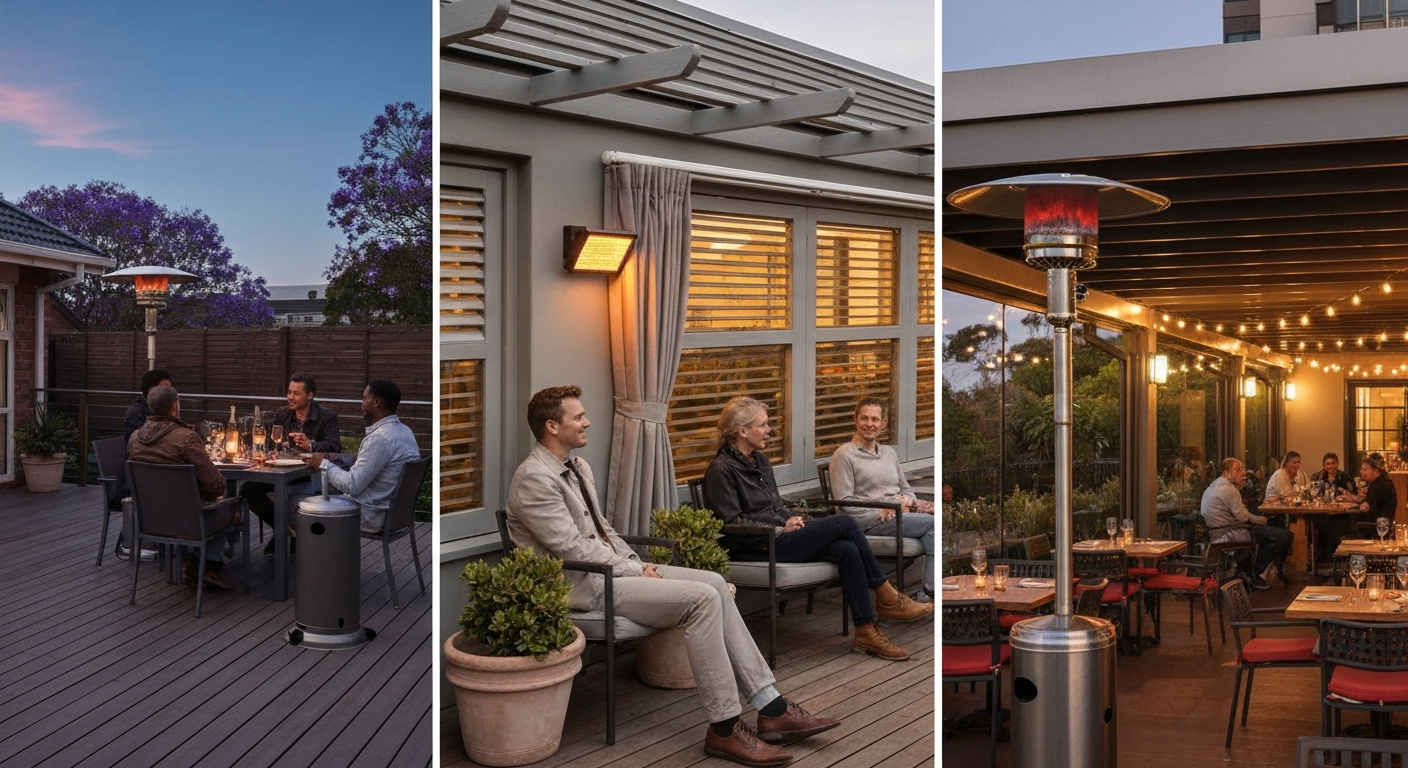Dusk three-panel image showing freestanding LPG mushroom heater on an open deck, wall-mounted infrared panel on a semi-enclosed veranda, and a fixed natural-gas mushroom heater on a covered restaurant terrace.