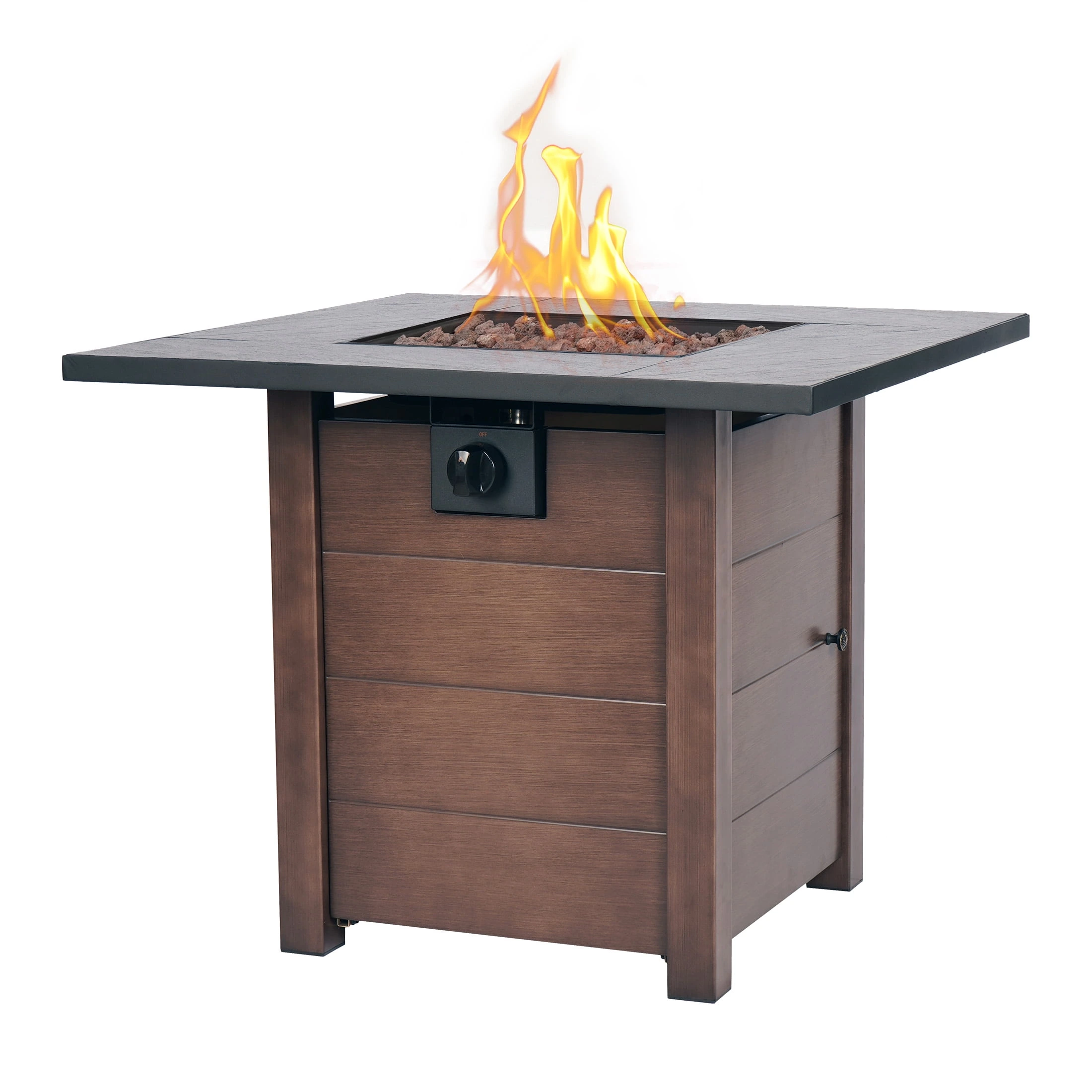 Square propane fire pit table with flame and lava rock burner on a white background