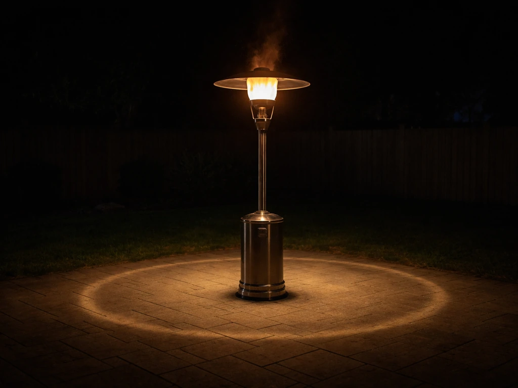 Patio heater glowing with a visible warm plume, warm coverage area on the ground, nighttime backyard scene.