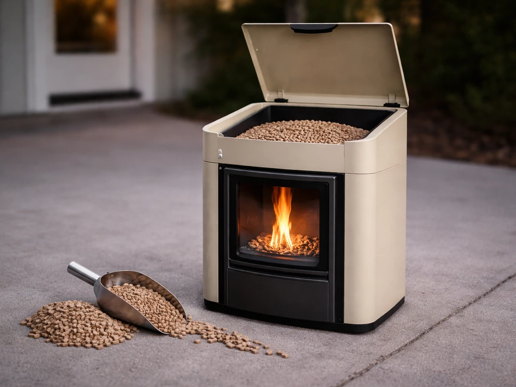 Open pellet heater hopper on a patio, with pellets and a scoop suggesting larger capacity and longer burn.