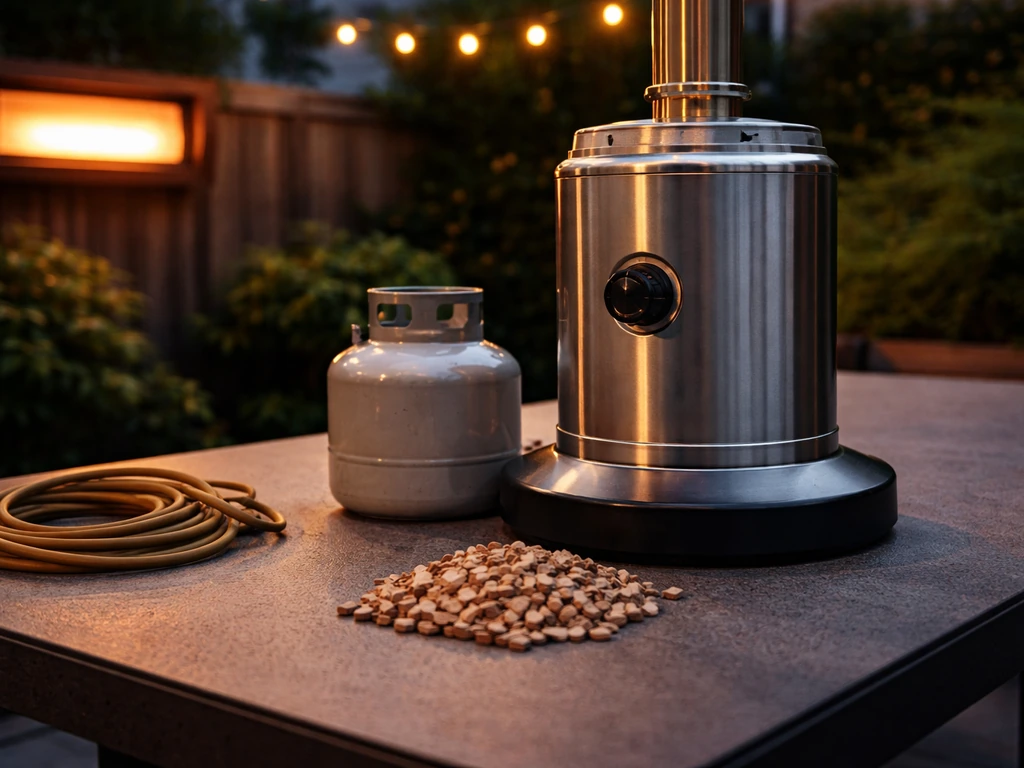 Close-up of a patio heater control knob next to a small pile of wood pellets and a propane canister on a patio table