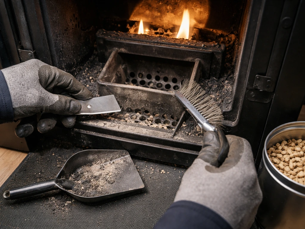 Gloved hands scraping a pellet stove burn pot with ash buildup, tools nearby for unclogging maintenance.