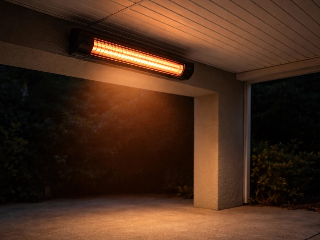 Ceiling-mounted electric infrared patio heater glowing warmly, showing limited coverage on the patio floor.