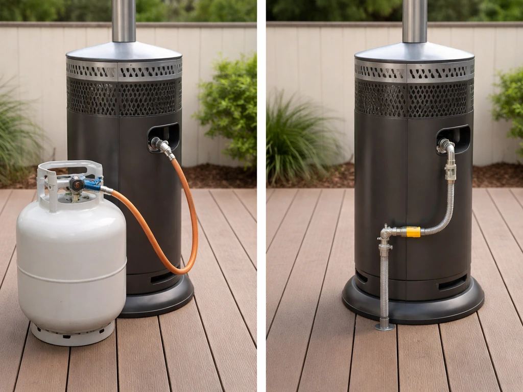 Split-scene photo: propane portable tank setup beside a natural-gas outdoor patio heater with line hookup.