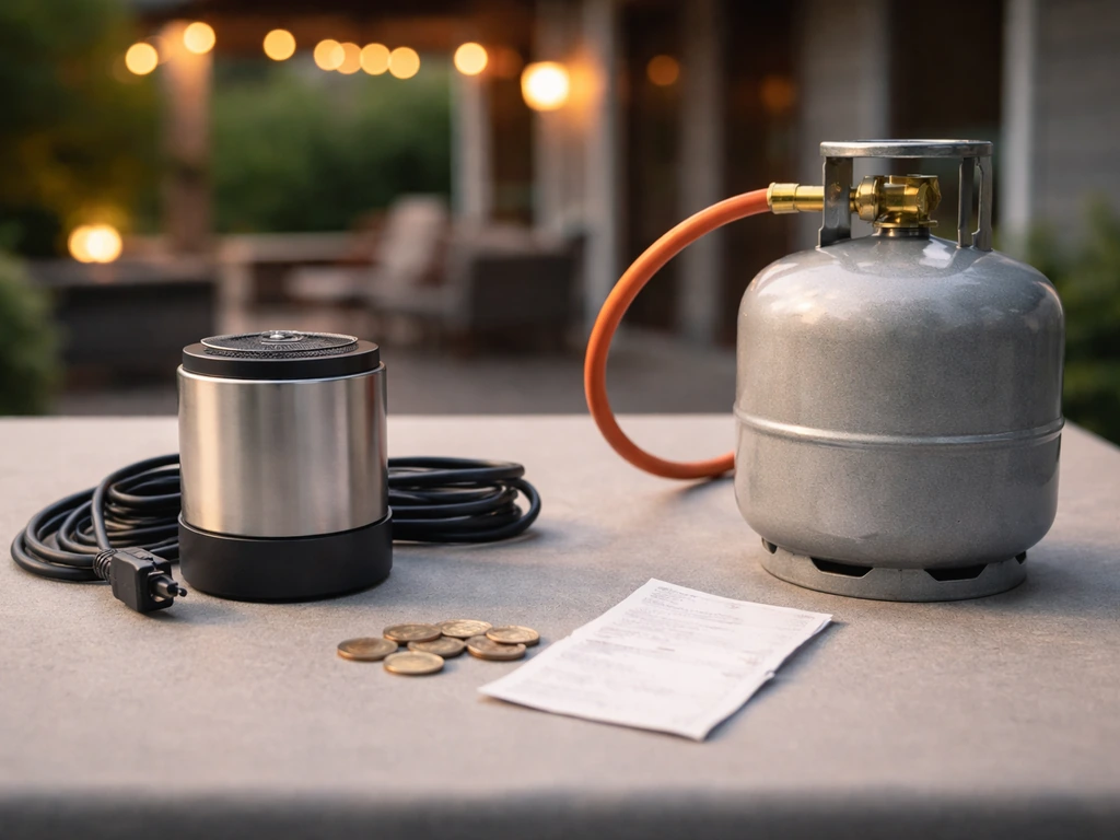 Minimal outdoor table with unbranded electric and gas heater accessories beside coins to suggest cost comparison.