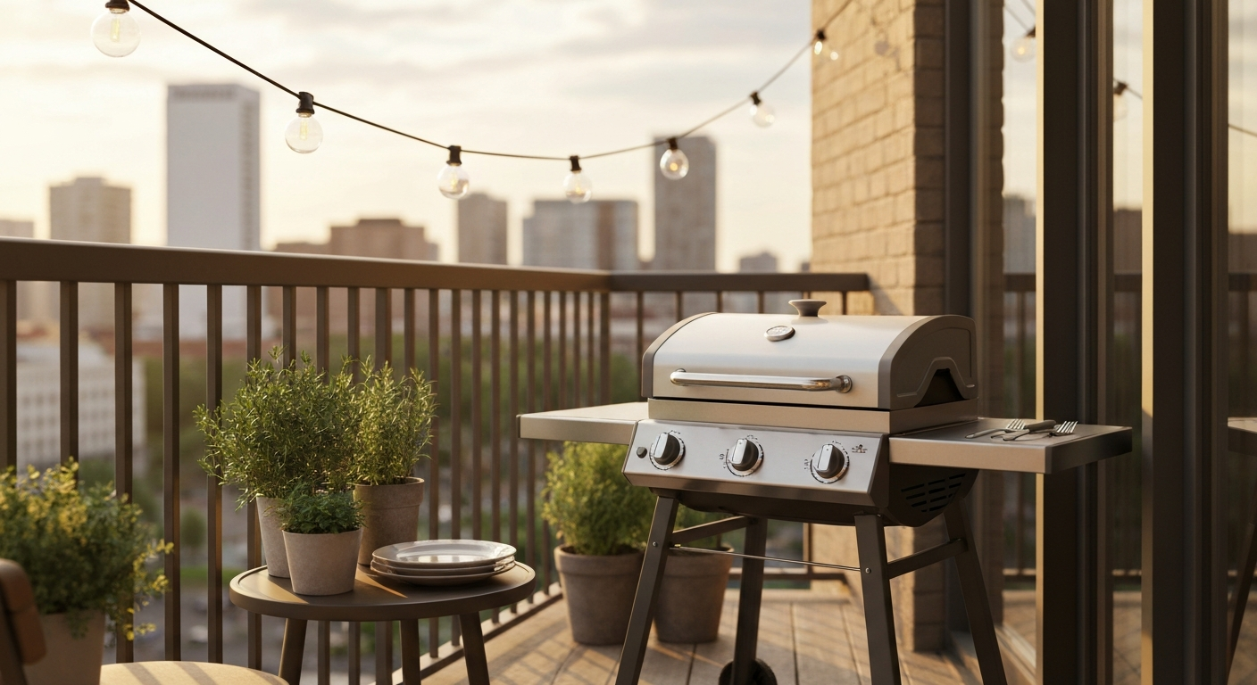 Compact, brand‑neutral patio barbecue on a small balcony table with potted herbs and string lights, illustrating a patio-range grill in a confined outdoor space.