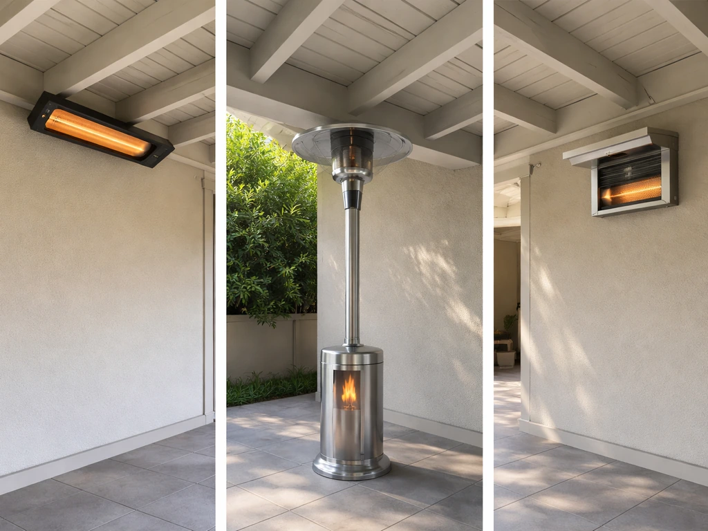 Side-by-side covered patio heaters: infrared panel, propane heater, and natural gas hood style unit.