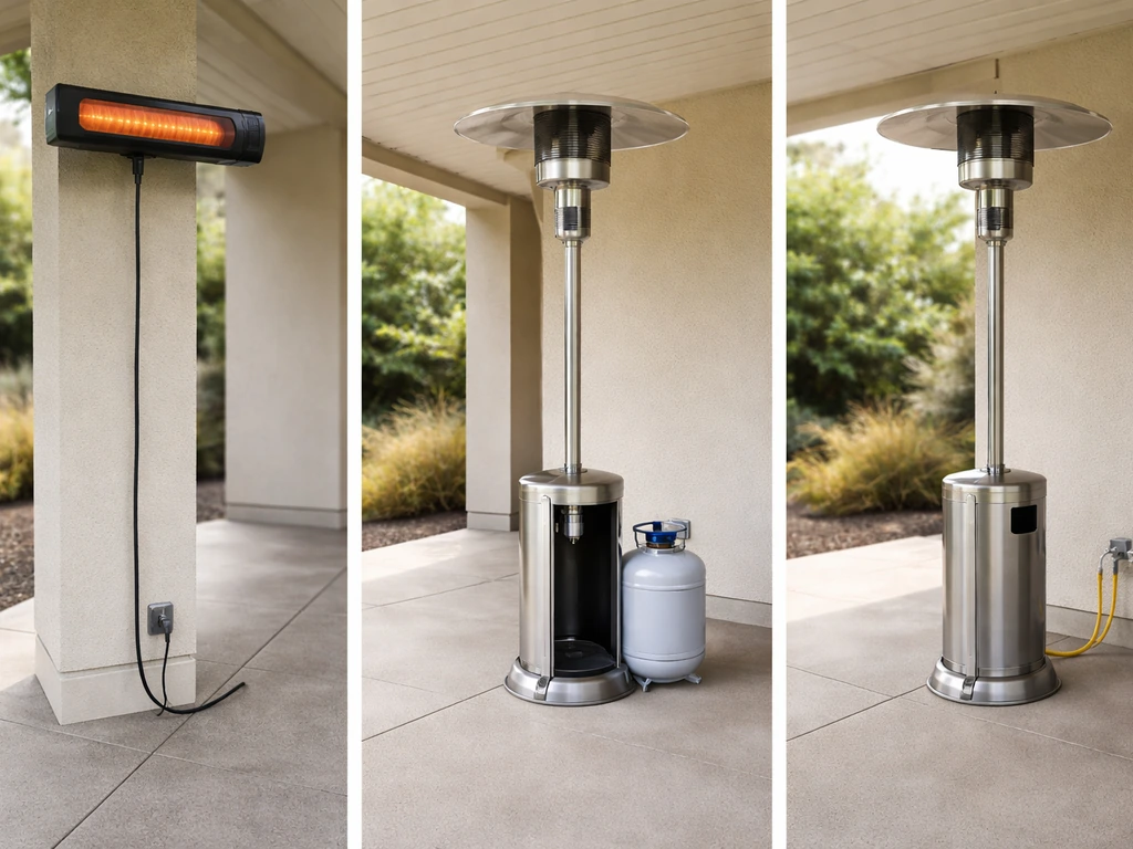 Three covered-patio heater setups side by side: electric infrared, propane, and natural gas with simple utilities.
