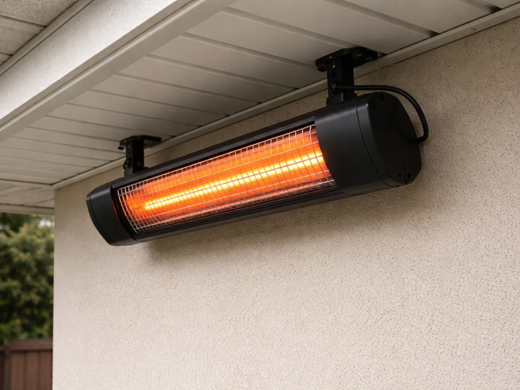 Infrared heater mounted under a roof with clear visible gap to ceiling and wall combustibles.