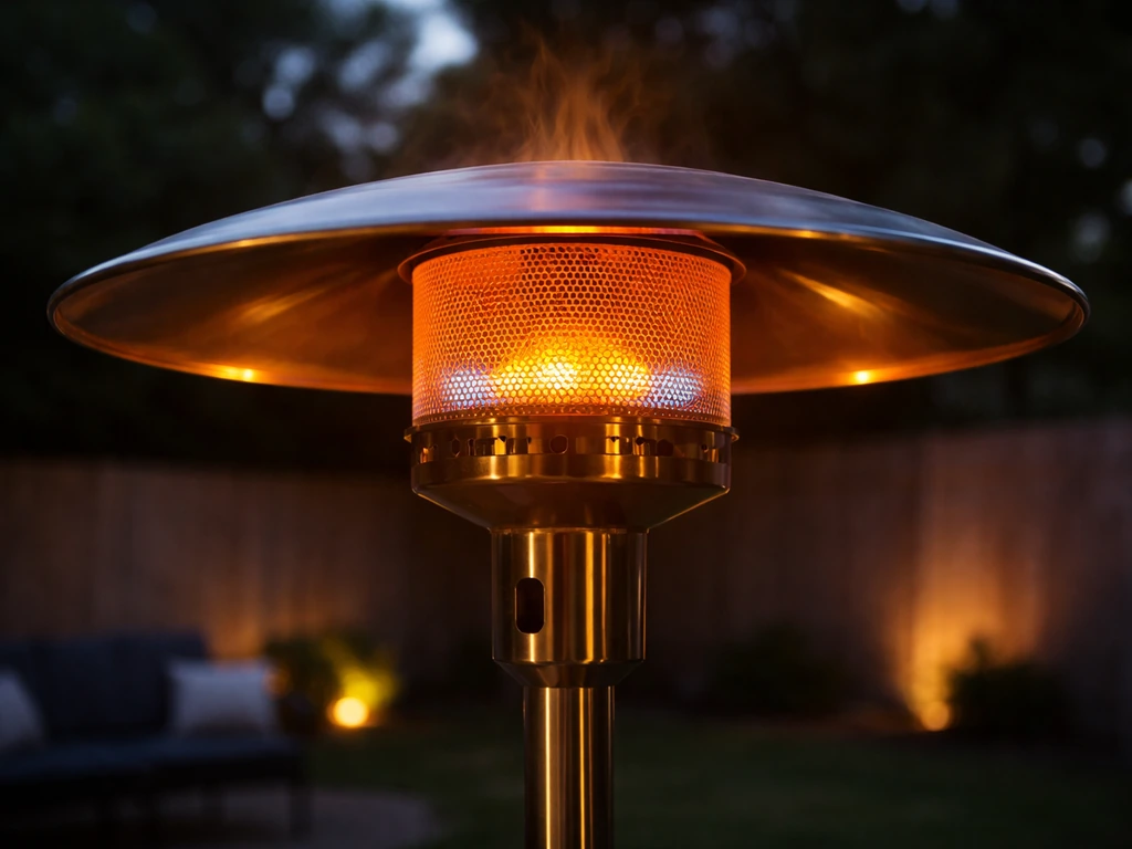 Mushroom-style gas patio heater in operation with visible burner flame and glowing heat reflector outdoors.