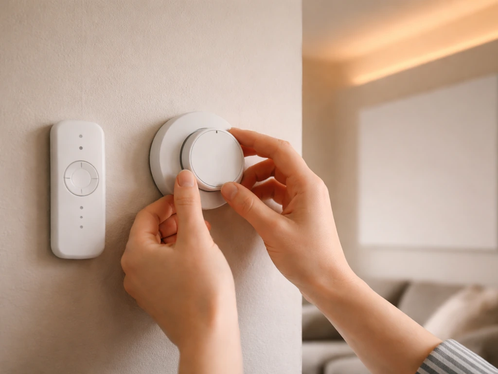 Hands adjusting a dial thermostat beside an infrared heater, with a remote nearby in a simple room