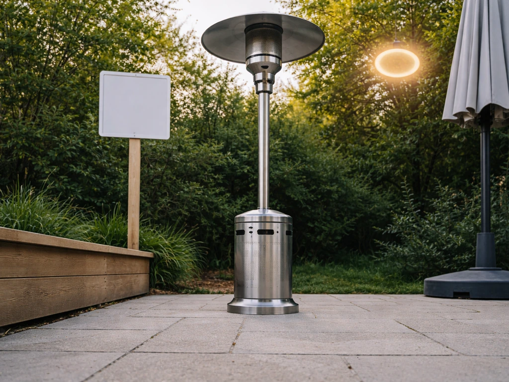 Gas patio heater with ample clearance from a wooden deck and a blank safety sign nearby.