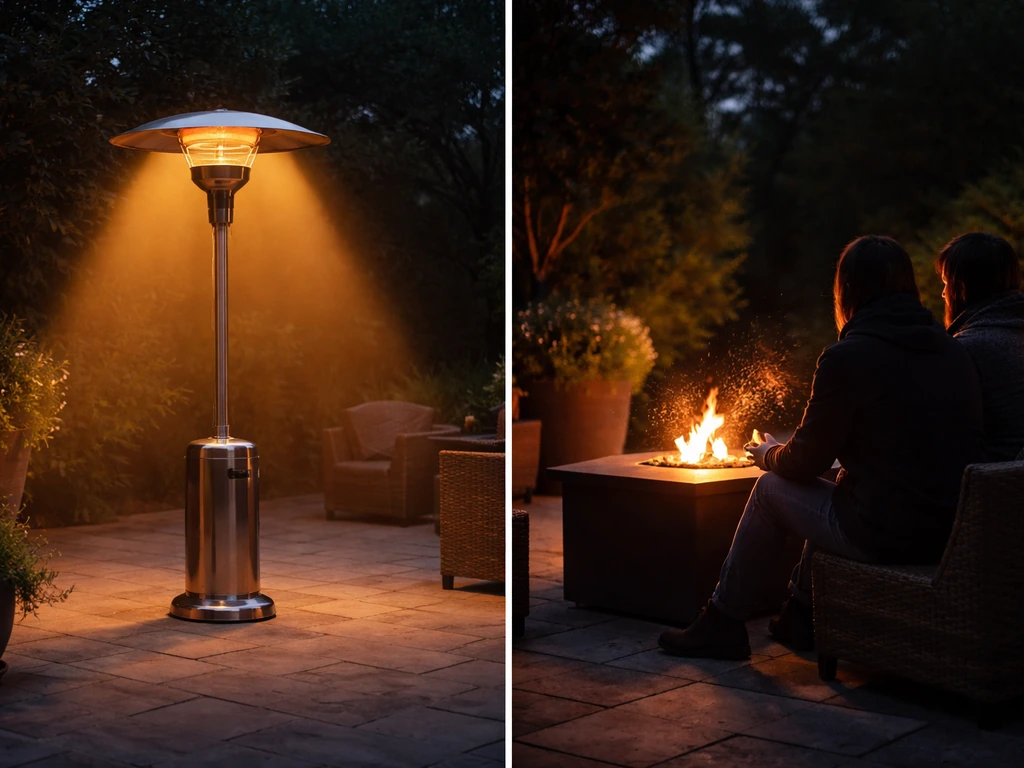 Side-by-side patio scene showing umbrella-like heat from a heater versus localized warmth around a fire table.