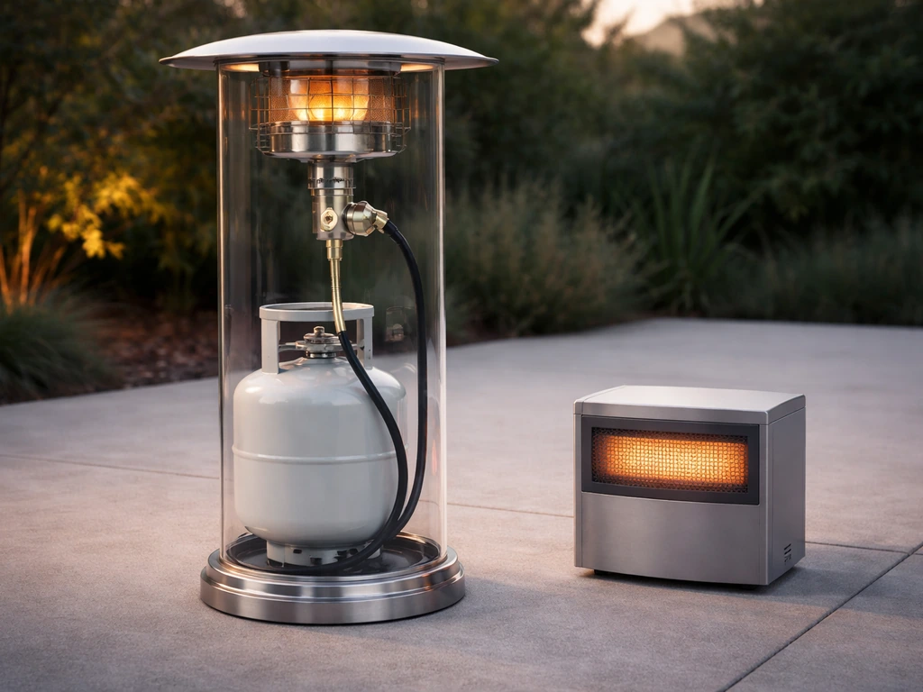 Minimal cutaway-style photo of a propane patio heater showing tank, regulator, and burner connection.