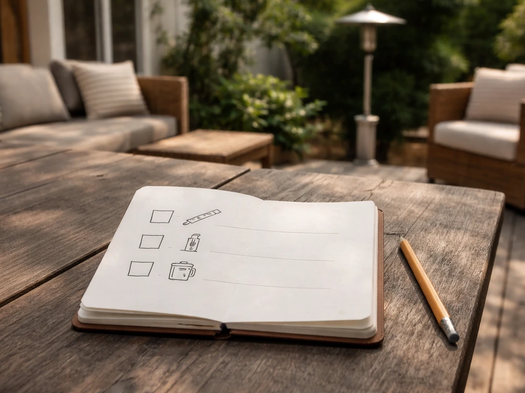 Outdoor patio table with an open checklist notebook and simple icons for measuring, temperature, and fuel/clearance.