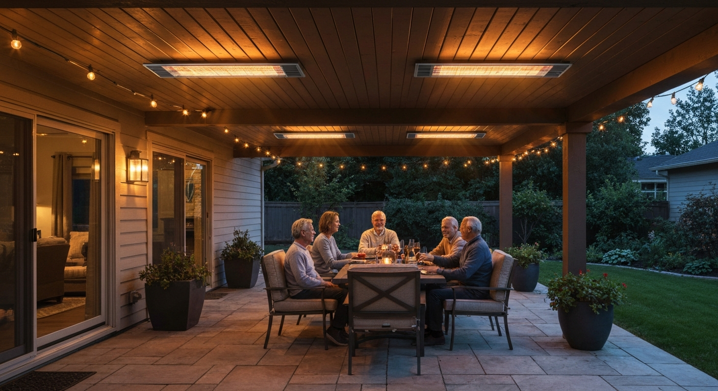 Covered backyard patio at dusk with ceiling-mounted electric infrared heaters warming seated people.