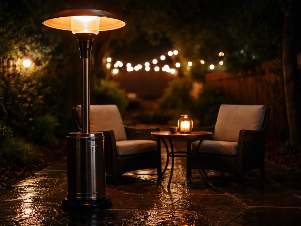 Patio heater glowing in a cozy outdoor seating area at night with warm mushroom-style heat light