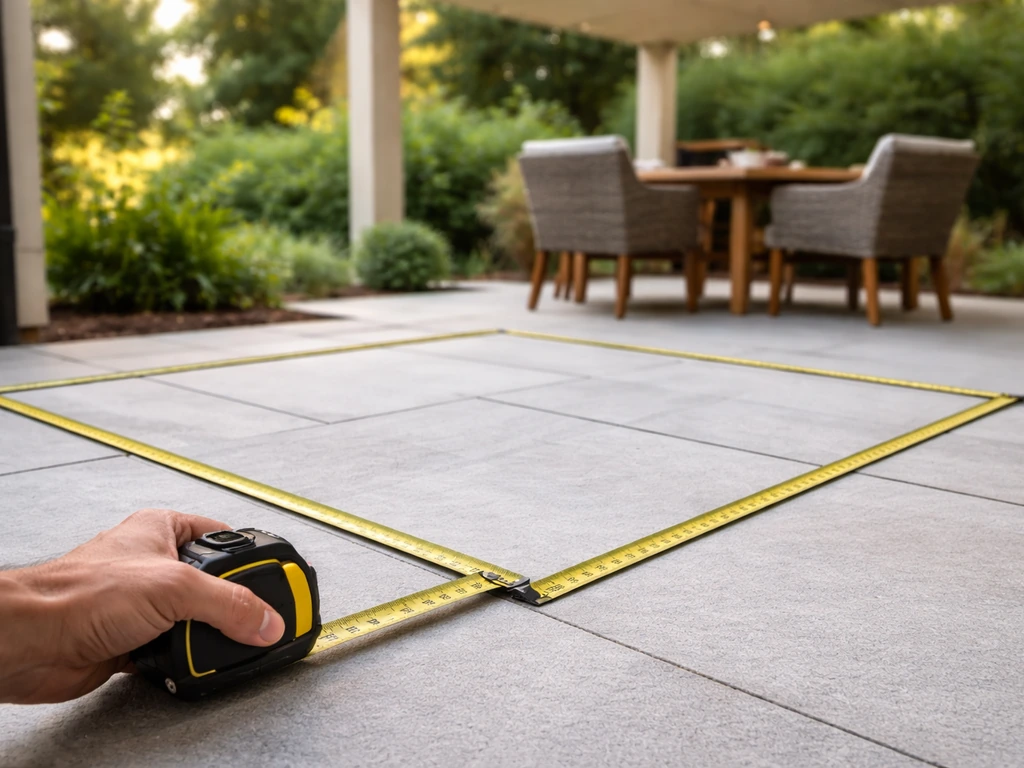 Measuring tape laid into a 10x12 ft rectangle over a quiet patio seating area under an overhang.