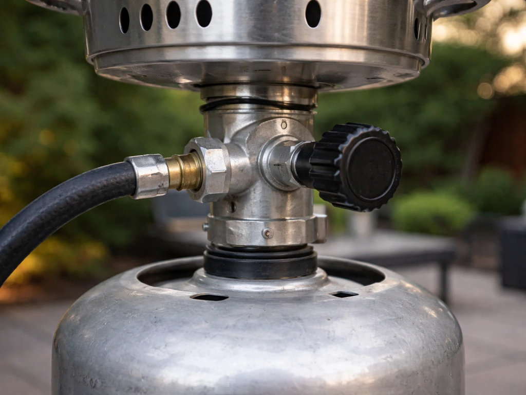 Close-up of an upright propane patio heater cylinder and regulator connection outdoors.