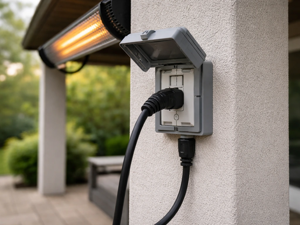 Outdoor GFCI outlet with an electric patio heater power cord plugged in, showing the safe connection area.