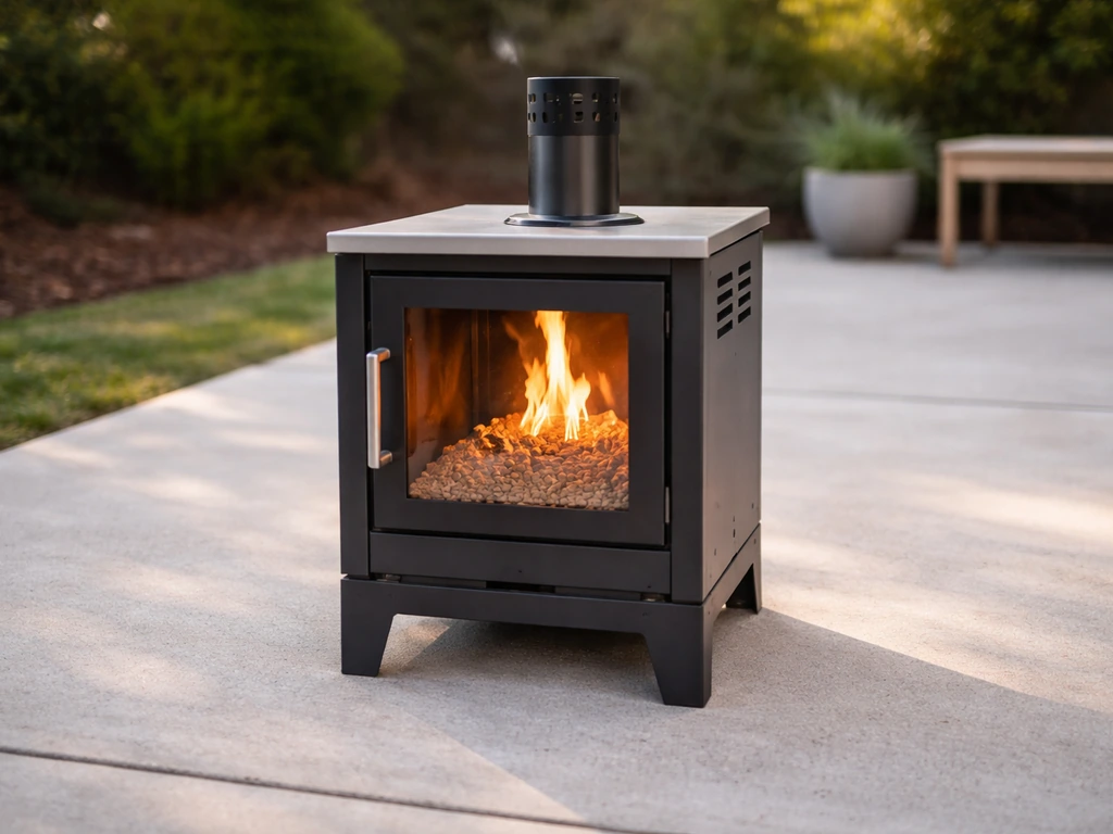 Pellet patio heater burning outdoors with clear surrounding space from nearby materials
