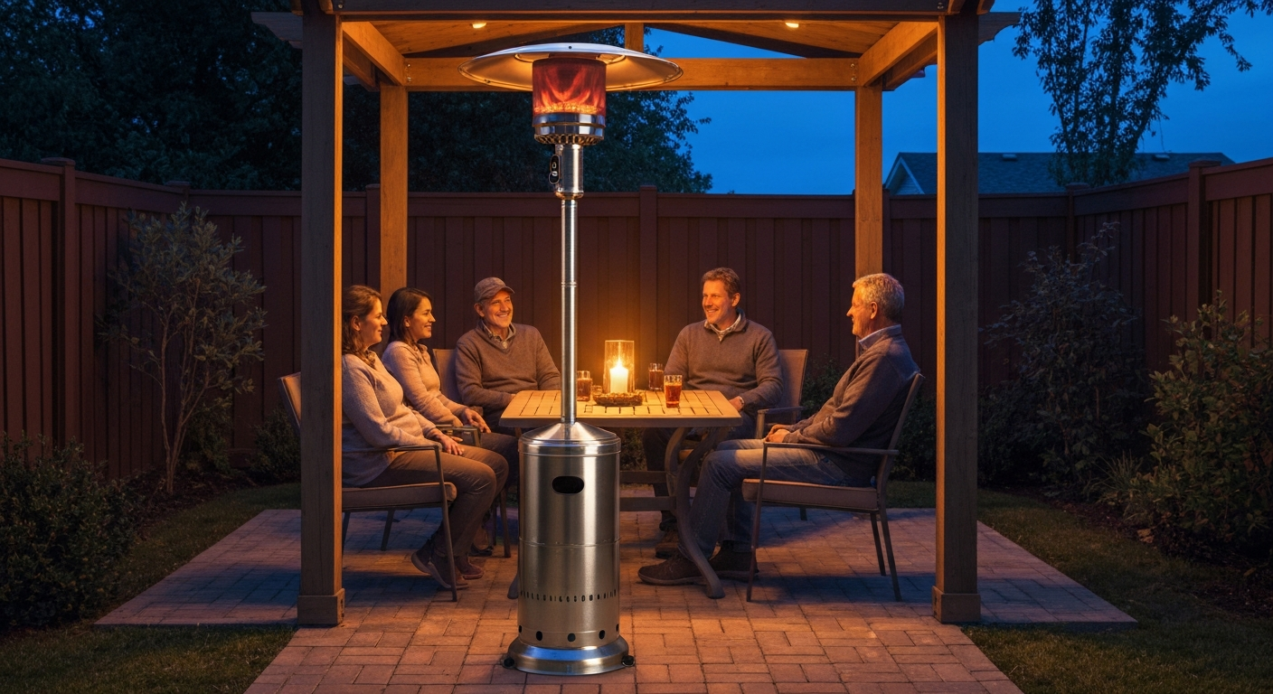Nighttime sheltered patio with a freestanding propane mushroom heater warming a small group seated nearby.