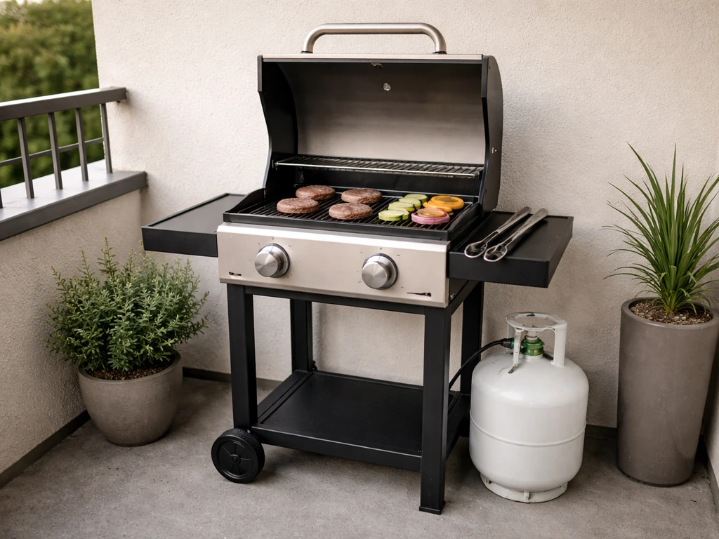 Compact propane gas grill on a small apartment patio with lid open and food-ready items nearby.