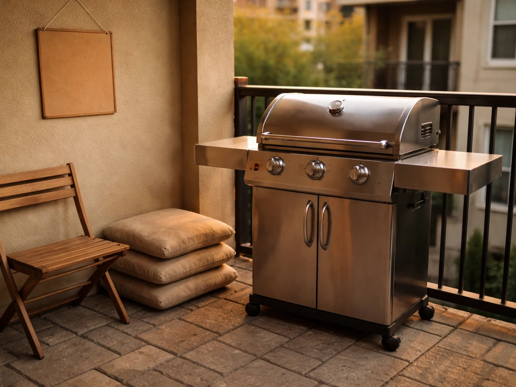 Small apartment patio with a covered grill and a simple patio rule sign concept, emphasizing restrictions.