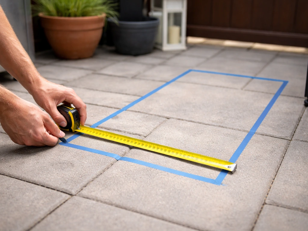 Hands measuring tape next to a grill footprint on a patio to show clearance spacing.