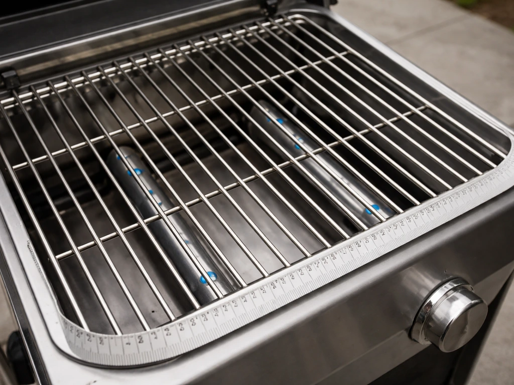 Overhead close-up of a compact grill cooking grate with burner rows visible and simple measurement tape nearby.