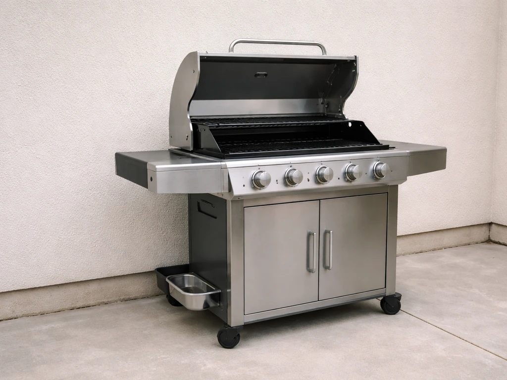 Gas grill outdoors with clearances from a wall and a visible grease drip tray/grease cup.
