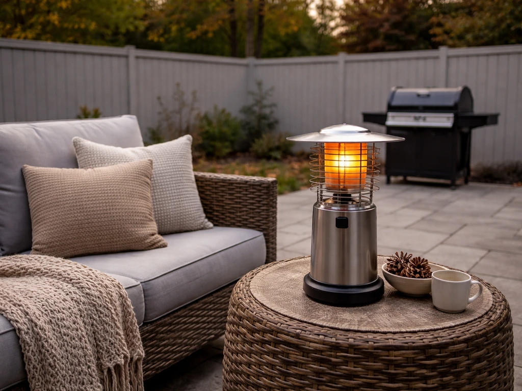 Compact patio heater near seating with the grill placed farther away for safe spacing.