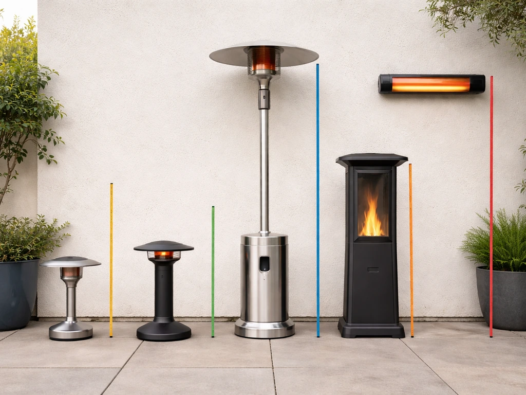 Five unbranded patio heaters of different heights on a quiet patio, showing relative height differences.