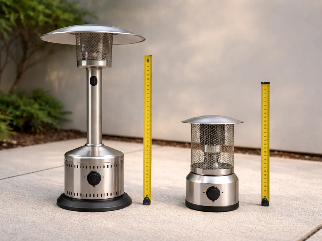 Two compact propane heaters—low-profile and tabletop—each with a tape measure showing their short height.