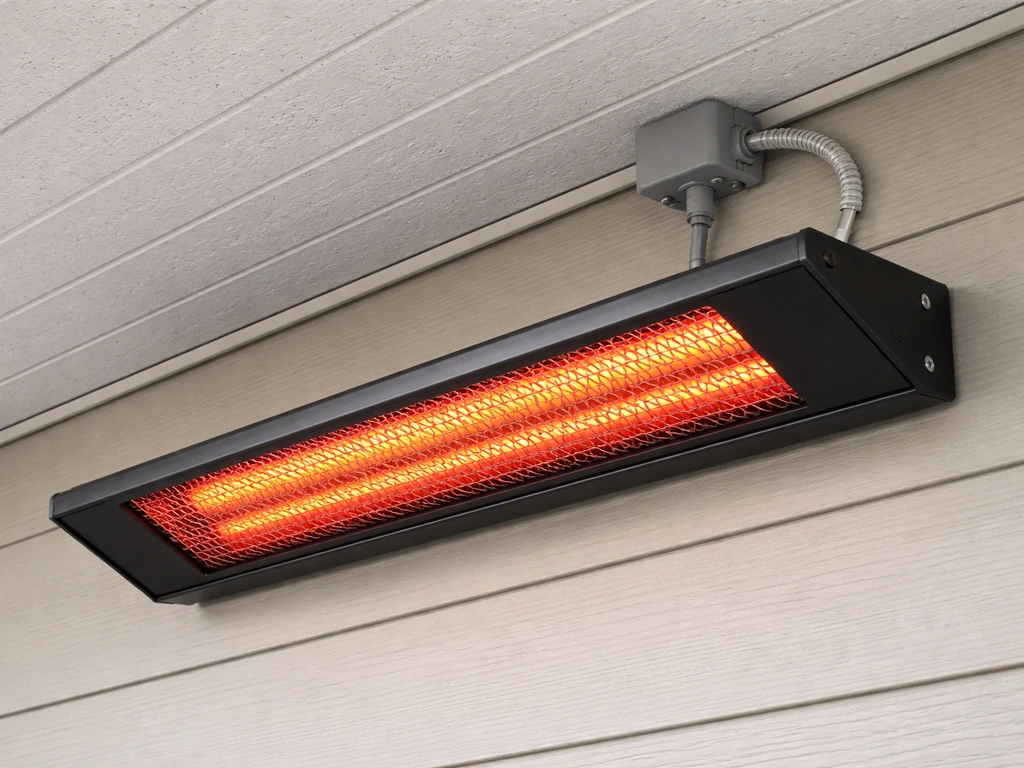 Close-up of a flat-panel electric infrared heater mounted on wall/ceiling with visible brackets and wiring.
