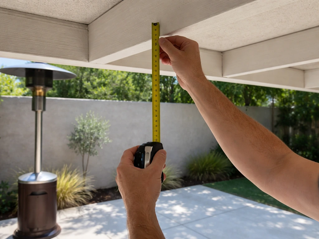 Hands use a tape measure to check clearance from patio floor to the lowest overhead beam above a heater.