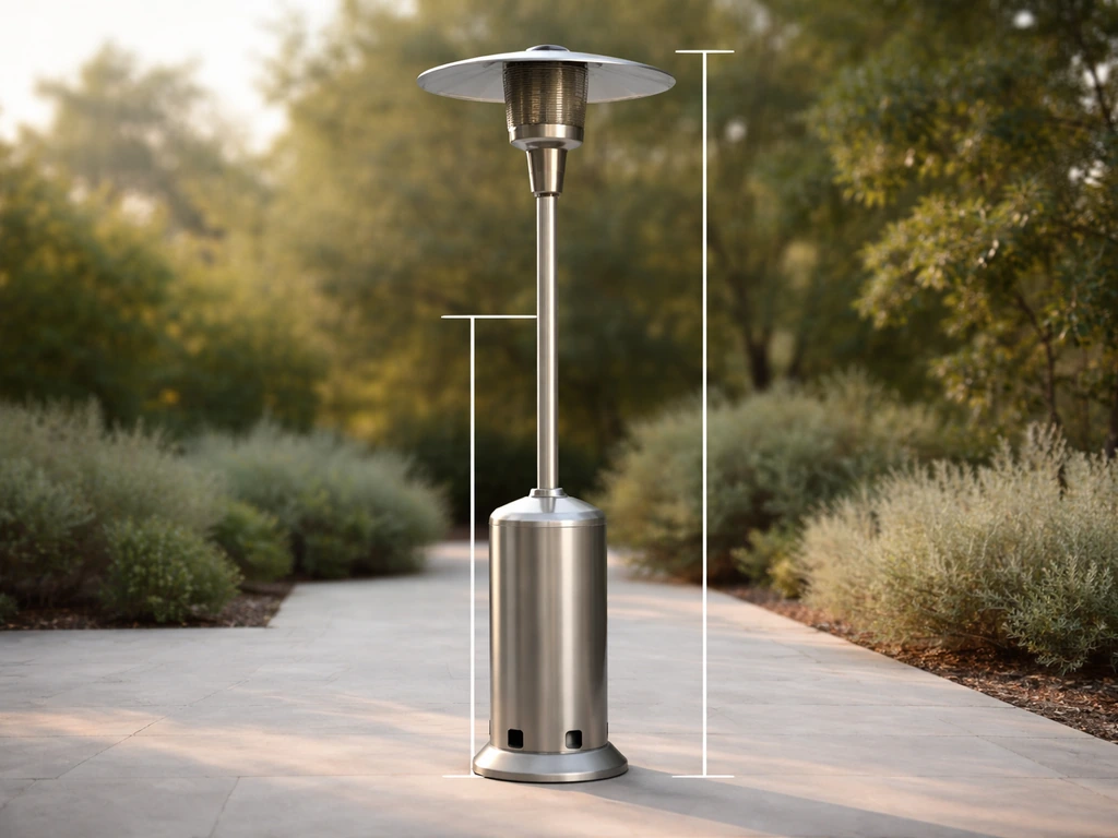 Patio heater with subtle height markers showing overall height vs burner/heat outlet height difference.