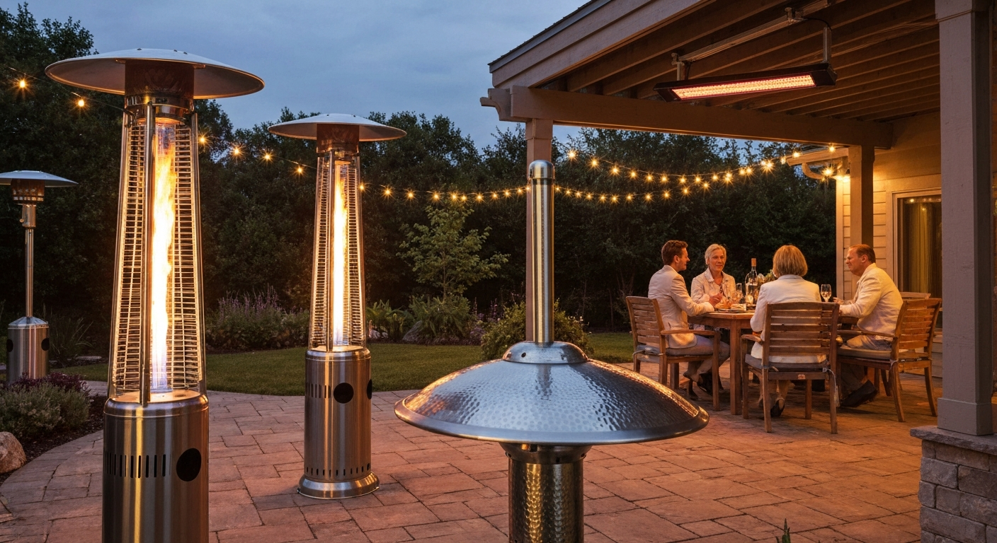 Cozy dusk patio showing a standing propane mushroom heater, a flame column, a wall-mounted infrared panel and a ceiling-mounted infrared heater, with people seated under string lights.