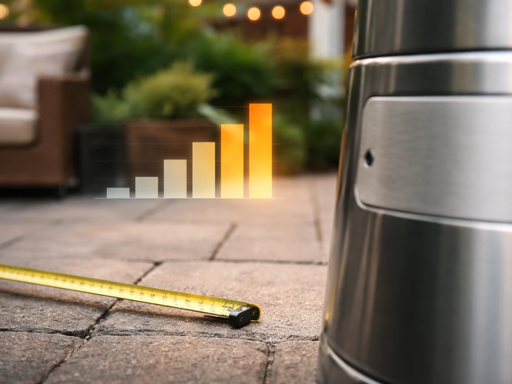 Patio heater nameplate area with tape measure on patio to show coverage, with a simple heating output comparison graphic