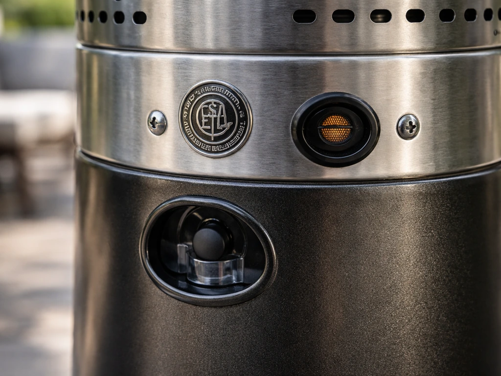 Closeup of a patio gas heater control area showing CSA/ETL safety badge, ODS indicator, and tip-over shutoff.