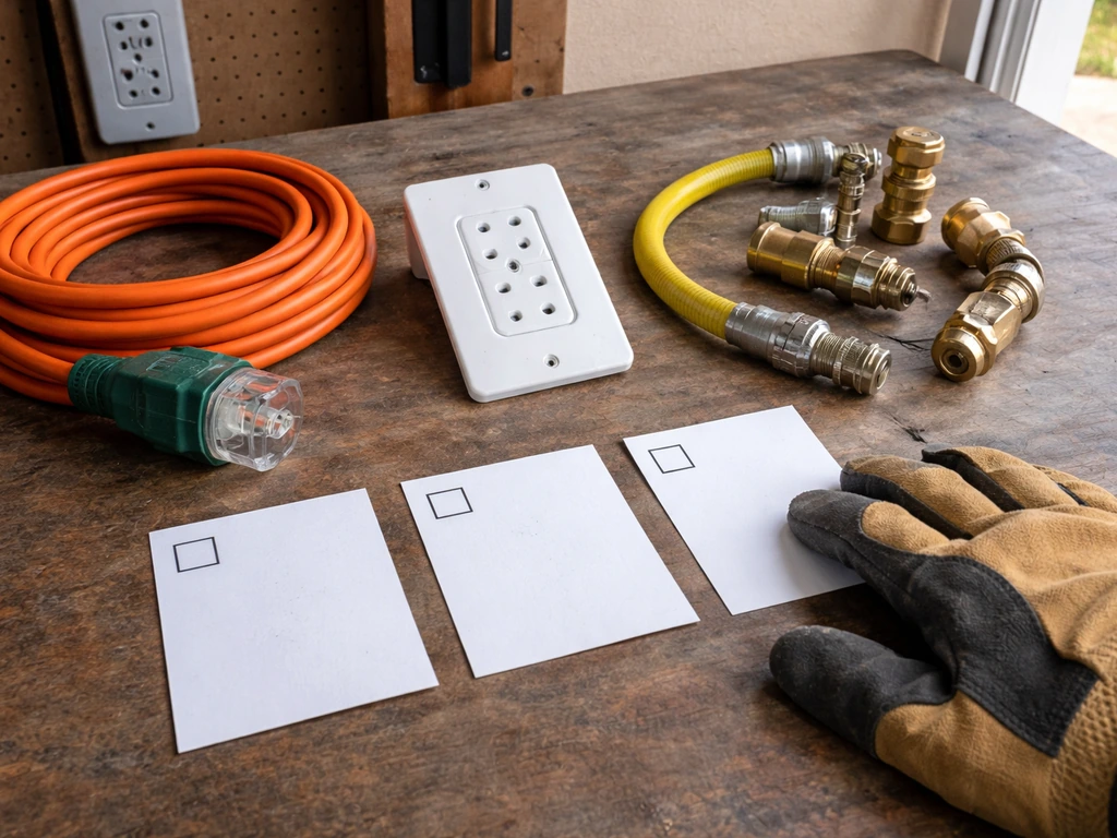 Close-up of outdoor-rated cord, generic outlet mock, and gas hookup accessories on a workbench with blank checklist card