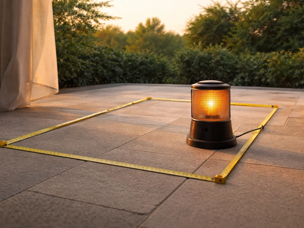 Measuring tape stretched across an outdoor patio with a patio heater placed over the coverage area.