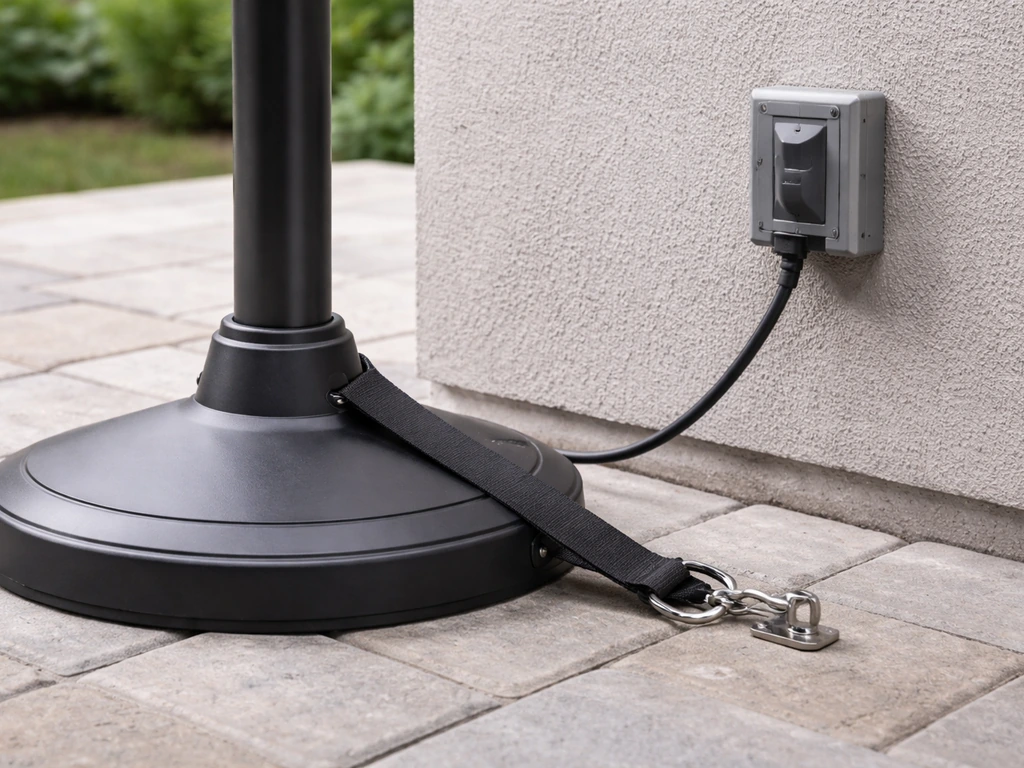 Outdoor electric patio heater base with cord plugged into a GFCI outlet and anchored tip-over prevention strap.