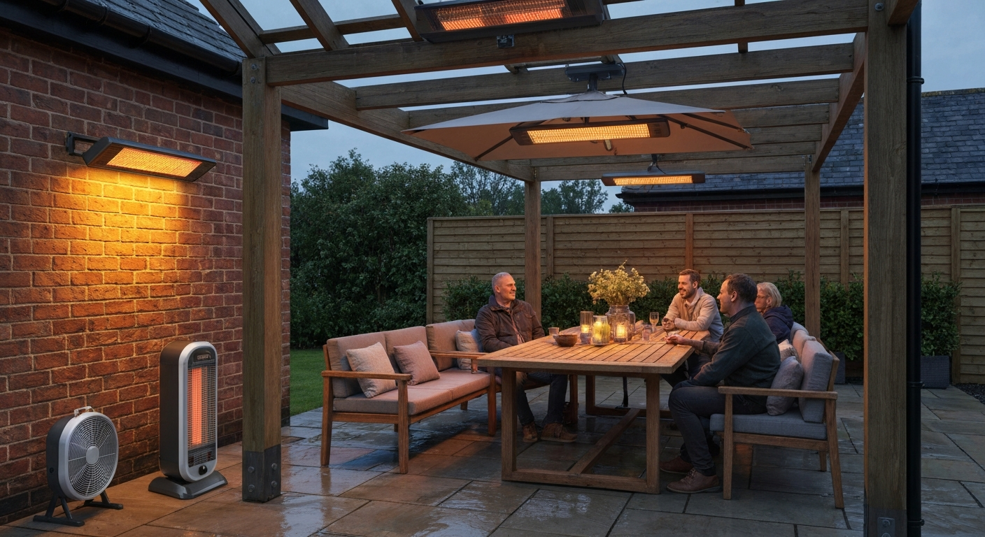 Dusk UK patio with people seated and four types of electric patio heaters (wall, ceiling, parasol-mounted, freestanding) glowing warmly; no visible logos.