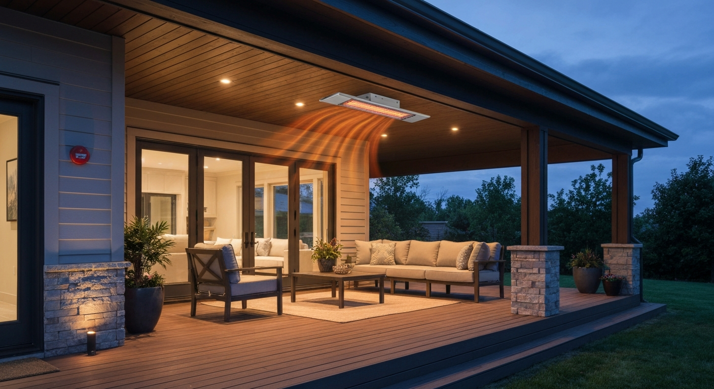 Covered patio at dusk with a ceiling-mounted electric infrared heater warming a seating area, showing a CO alarm on the wall.