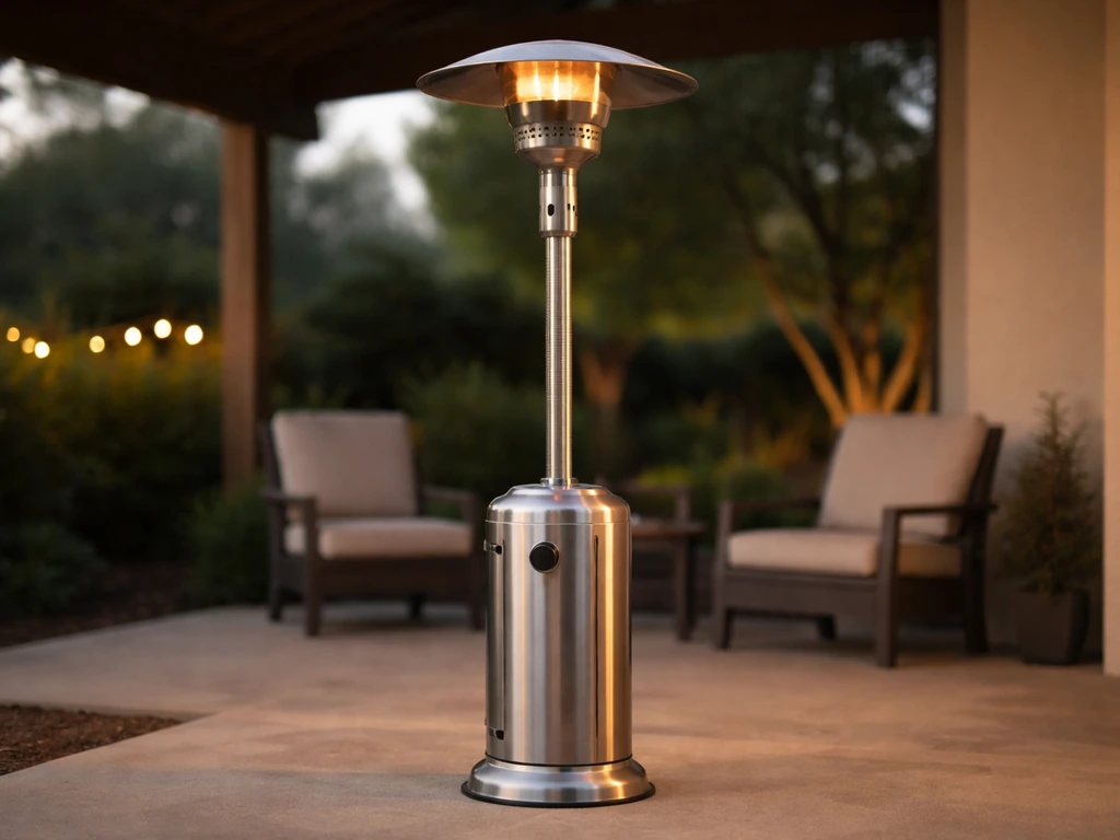 Outdoor patio with a standing propane tower heater in the background during evening light
