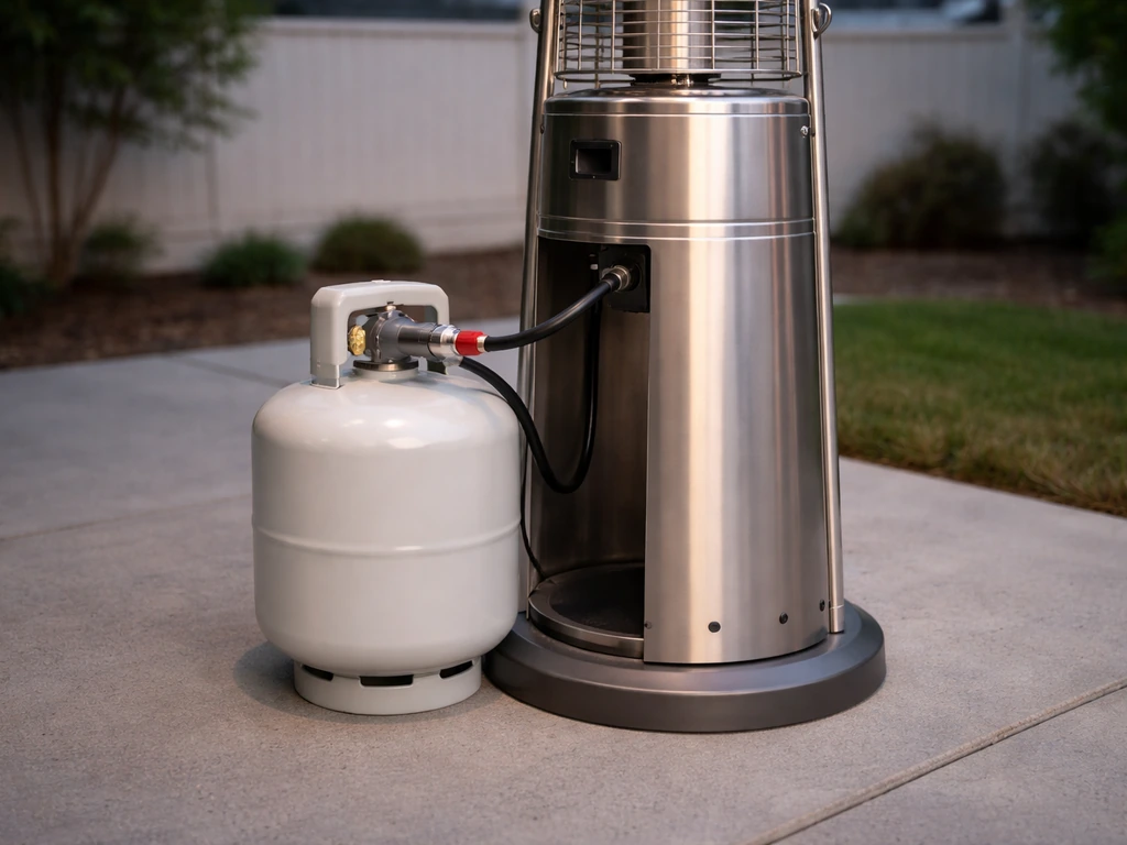 Outdoor propane patio heater tower with a 20-lb tank and regulator connection visible on a patio.
