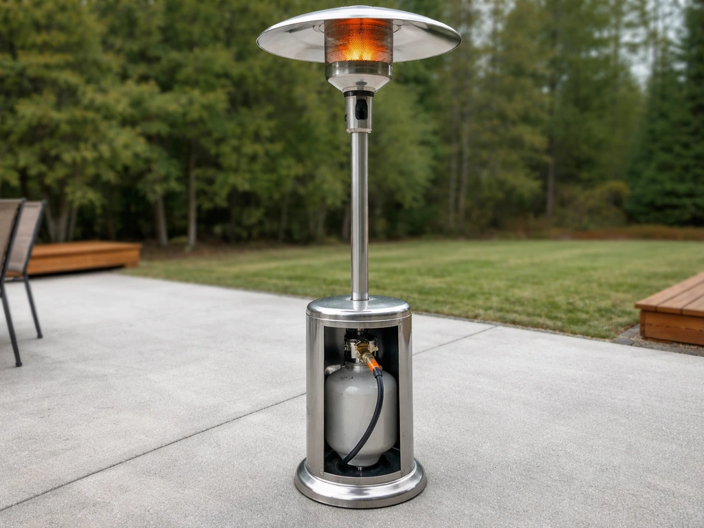 Outdoor propane patio heater with visible valve and hose, spaced away from combustibles.