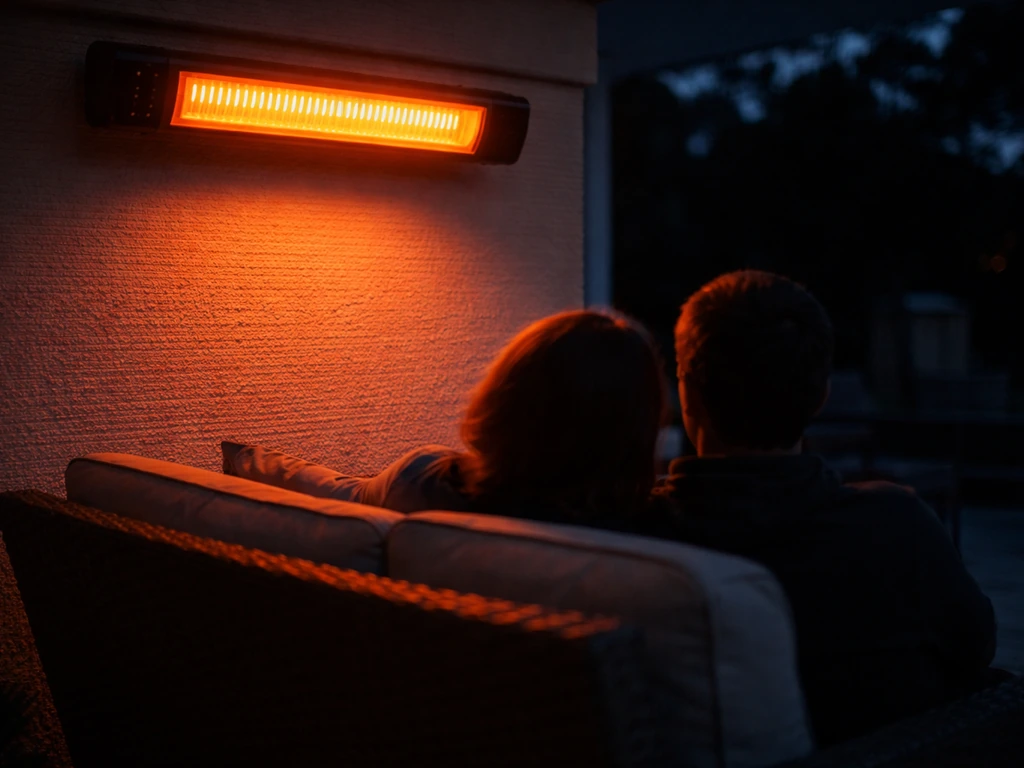 Glowing infrared patio heater warming a chair silhouette on a calm patio at dusk