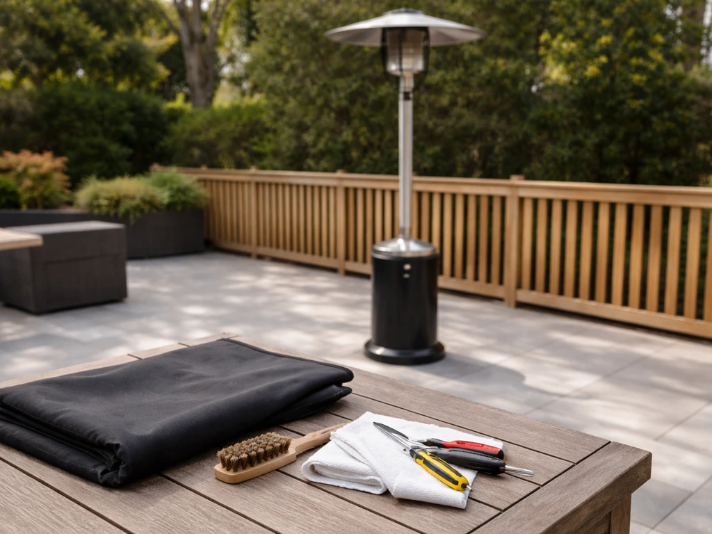 Patio heater with clear 3-foot spacing and a few maintenance items laid out on an outdoor table.